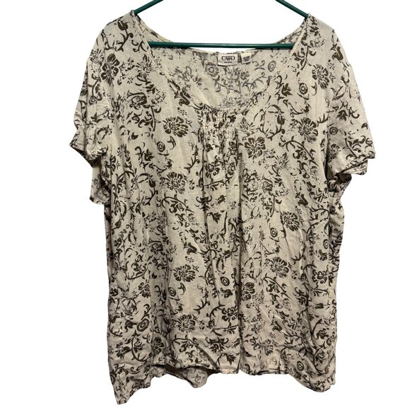 Cato Woman Floral Print Short Sleeve Top Size 26/28W Beige & Olive - Picture 1 of 8